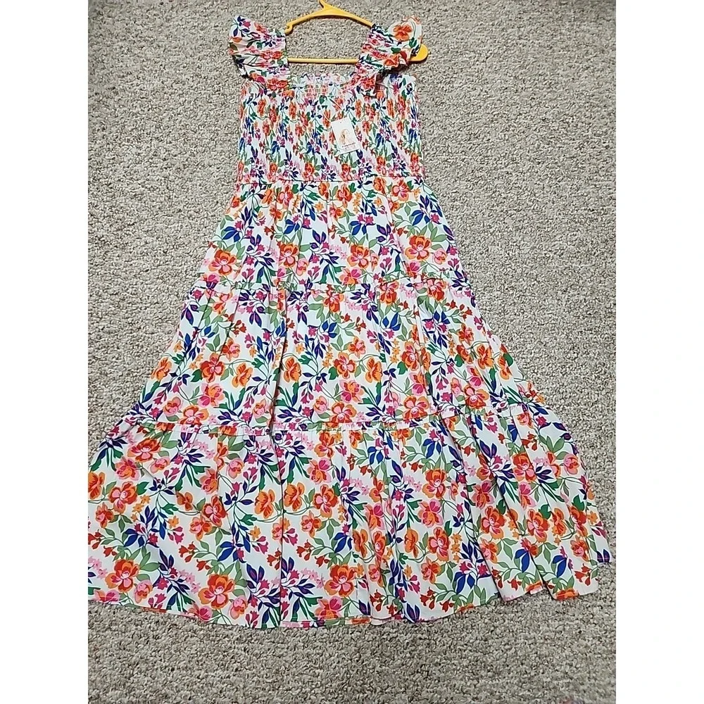 PrettyGarden Floral Smocked Midi‎ Dress Large Ruffle Sleeveless Multicolor NWT